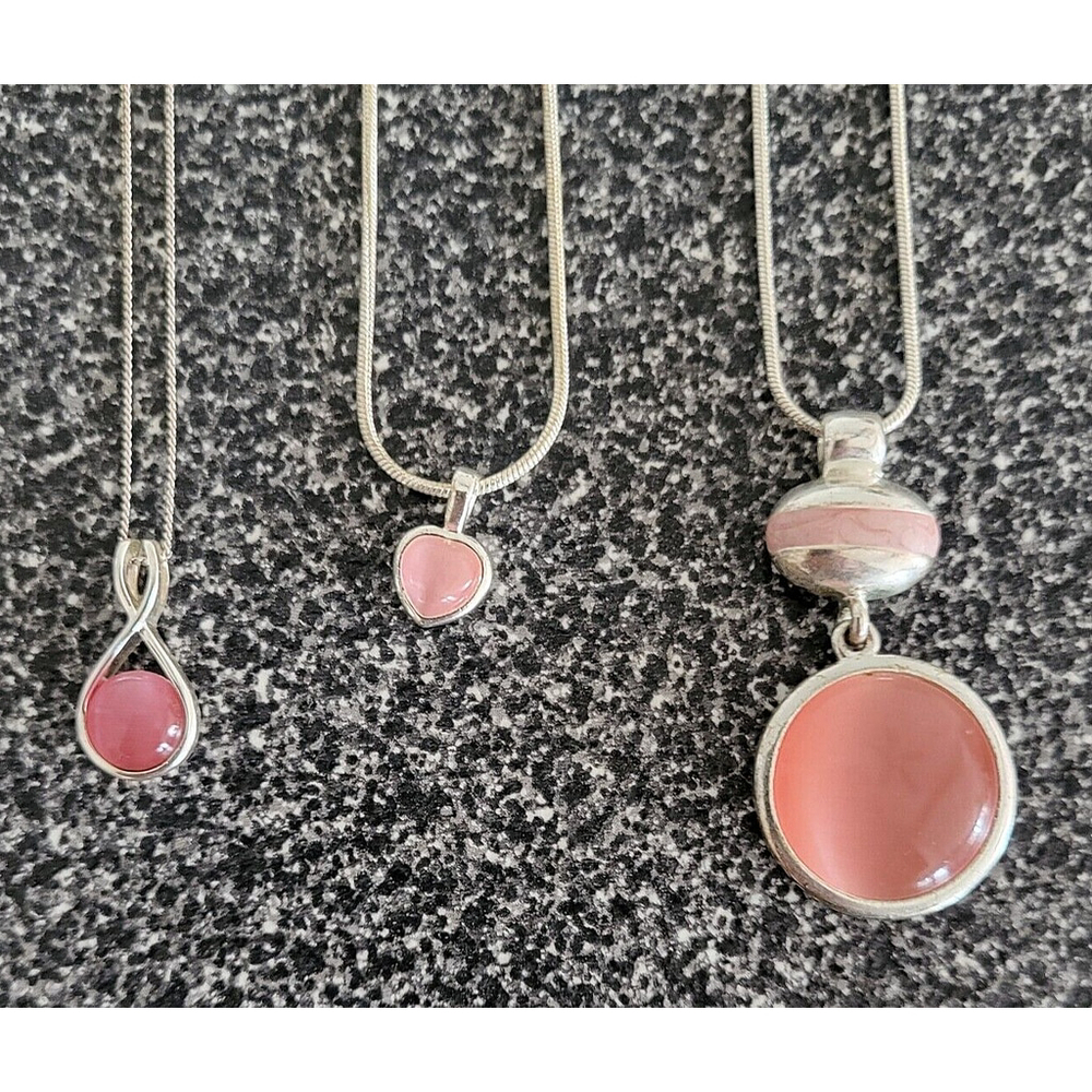 Vintage SU C Sterling Silver & Round Pink Cats Eye Necklace Plus 2 Pink Pendants